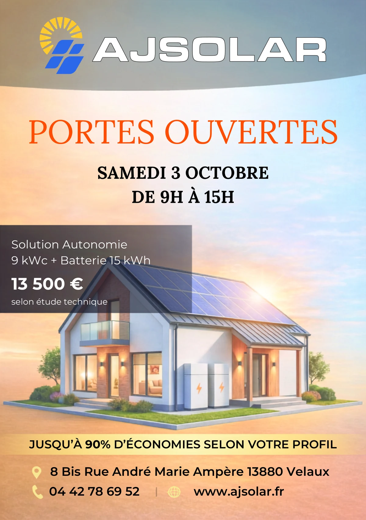 Portes Ouvertes AJ Solar samedi 3 octobre 2026 - 9 kWc + batterie 15 kWh a 13 500 euros